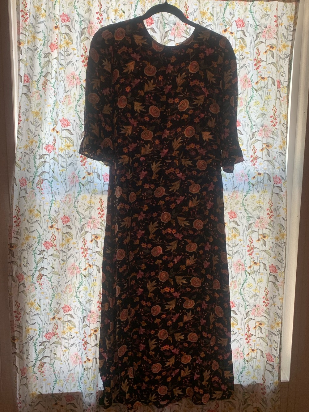 LOFT Black Floral Midi Dress with Short Sleeves